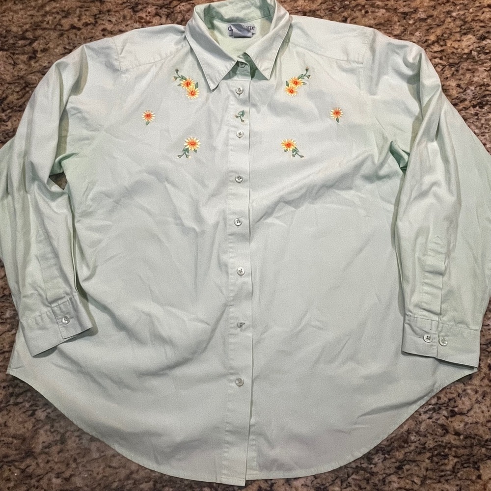 Cabin Creek Womens 1X Mint Green Floral Embroidered Button Down Shirt Cotton